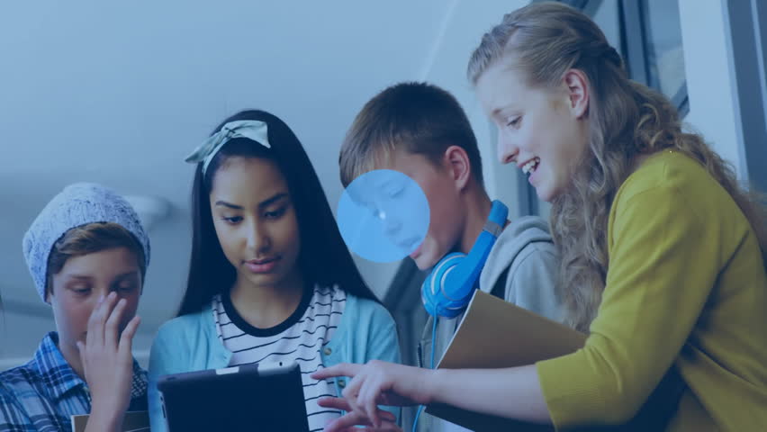 Students tapping tablet and collaborating while user icons multiplying and linking across classroom. Collaboration, education, technology, networking, teamwork, innovation, communication - Powered by Shutterstock - Get 15% off with code: PIKWIZARD15