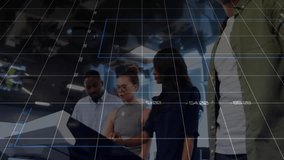 Woman tapping tech touchscreen updating data while team viewing charts and man folding arms. Collaboration, teamwork, dataanalysis, futuristic, strategic, innovation, office - Powered by Shutterstock - Get 15% off with code: PIKWIZARD15