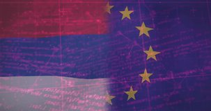 At start, split Russian or EU flags waving with pulsing circuit graphics showing digital connectivity. Technology, digital, connectivity, innovation, cyber, cybernetic, communication - Powered by Shutterstock - Get 15% off with code: PIKWIZARD15