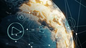 Outer space initiating 3D globe rotating with network connecting social icons and metrics animating. Futuristic, digital, technology, global, analytics, web, network - Powered by Shutterstock - Get 15% off with code: PIKWIZARD15