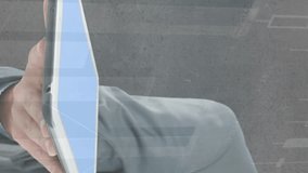 Animation of financial data processing and globe with connections over businessman holding tablet. global finance, business and digital interface concept digitally generated video. - Powered by Shutterstock - Get 15% off with code: PIKWIZARD15