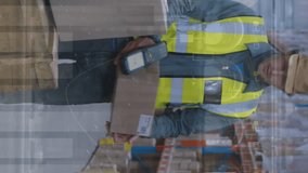 Animation of statistical data processing over caucasian male worker working at warehouse. Logistics and business technology concept - Powered by Shutterstock - Get 15% off with code: PIKWIZARD15