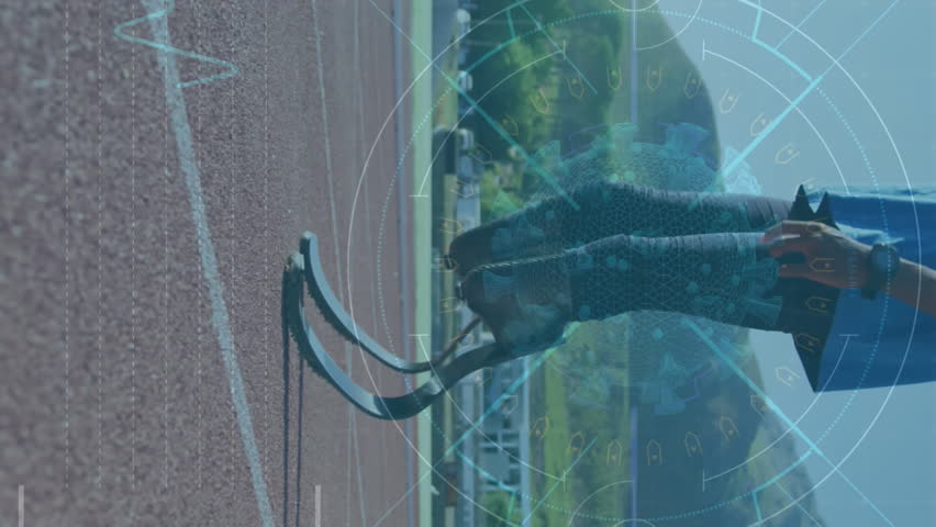 Animation of digital screen over african american man with running blade training at stadium. Disability, active lifestyle and digital interface concept digitally generated video. - Powered by Shutterstock - Get 15% off with code: PIKWIZARD15