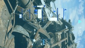 Animation of multicolored infographic interface over piled up metal scrap in scrapyard. Digital composite, multiple exposure, report, finance, global, business, garbage, junkyard and recycling. - Powered by Shutterstock - Get 15% off with code: PIKWIZARD15