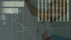 Animation of infographic interface over caucasian doctors discussing reports with female patient. Digital composite, multiple exposure, global, medical, healthcare and technology concept. - Powered by Shutterstock - Get 15% off with code: PIKWIZARD15