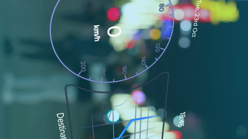 Animation of electric car speedometer data processing over city. Global car travel, business, finances, computing and data processing concept digitally generated video. - Powered by Shutterstock - Get 15% off with code: PIKWIZARD15