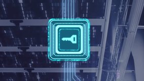 Animation of key in square, connected arrows, circuit board pattern over data server racks. Digital composite, communication, security, data center, networking, network server and technology concept. - Powered by Shutterstock - Get 15% off with code: PIKWIZARD15