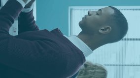 Animation of statistical data processing against african american man using smartphone at office. Computer interface and business data technology concept - Powered by Shutterstock - Get 15% off with code: PIKWIZARD15