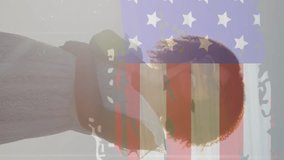 Animation of usa flag effect against african american woman enjoying at the beach. Independence day celebration and holiday concept - Powered by Shutterstock - Get 15% off with code: PIKWIZARD15