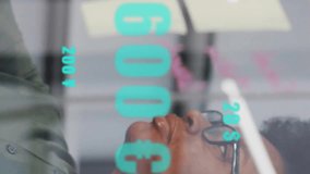 Animation of data processing over woman taking notes in office. Global business and digital interface concept digitally generated video. - Powered by Shutterstock - Get 15% off with code: PIKWIZARD15