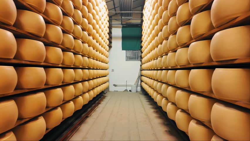 Traditional production process of Parmigiano-Reggiano hard cheese on a small dairy farm in Parma, Italy. Factory maturation room with shelves storing Parmesan cheese wheels aging for up to 5 years 