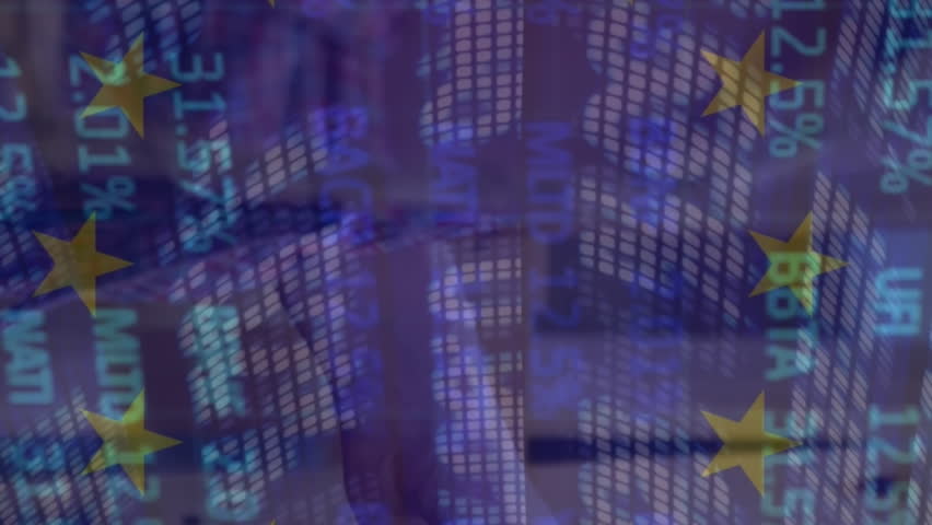 Animation of stock market and flag of eu over diverse people paying with smartphone. Global finances, computing and digital interface concept digitally generated video. - Powered by Shutterstock - Get 15% off with code: PIKWIZARD15