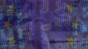 Animation of stock market and flag of eu over diverse people paying with smartphone. Global finances, computing and digital interface concept digitally generated video. - Powered by Shutterstock - Get 15% off with code: PIKWIZARD15
