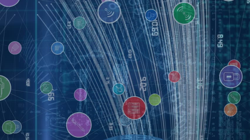 Animation of network of connections with icons over globe. Global connections, data processing and digital interface concept digitally generated video. - Powered by Shutterstock - Get 15% off with code: PIKWIZARD15