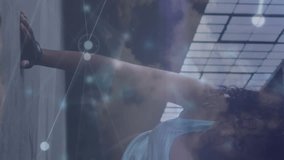 Animation of network of connections over woman running exercising in forest. Global sports fitness healthy lifestyle and data processing concept digitally generated video. - Powered by Shutterstock - Get 15% off with code: PIKWIZARD15