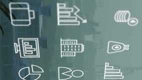 Animation of icons and data processing over cityscape. Global business, finances, computing and data processing concept digitally generated video. - Powered by Shutterstock - Get 15% off with code: PIKWIZARD15