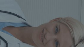 Animation of numbers changing and scopes on screens over female doctor with stethoscope. medicine, digital interface and data processing concept digitally generated video. - Powered by Shutterstock - Get 15% off with code: PIKWIZARD15