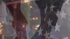 Animation of diverse friends at beach party over flag of usa. American patriotism, independence, summer and diversity concept digitally generated video. - Powered by Shutterstock - Get 15% off with code: PIKWIZARD15