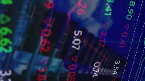 Animation of graphs and trading board over low angle view of modern building against cloudy sky. Digital composite, multiple exposure, report, business, stock market and architecture concept. - Powered by Shutterstock - Get 15% off with code: PIKWIZARD15