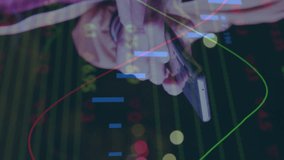Animation of stock market data processing against mid section of man using smartphone on the street. Global economy and business technology concept - Powered by Shutterstock - Get 15% off with code: PIKWIZARD15