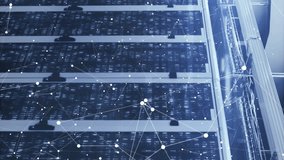 Animation of graphs, loading bars, squares, connected dots over binary codes on data server racks. Digital composite, communication, report, business, data center, networking, technology concept. - Powered by Shutterstock - Get 15% off with code: PIKWIZARD15