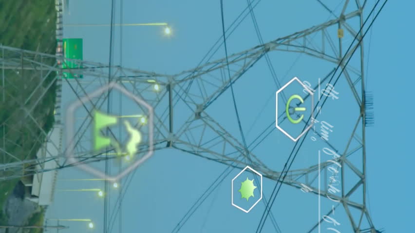 Animation of digital data processing and eco icons over electricity pylons. Global eco energy, environment, connections, computing and data processing concept digitally generated video. - Powered by Shutterstock - Get 15% off with code: PIKWIZARD15