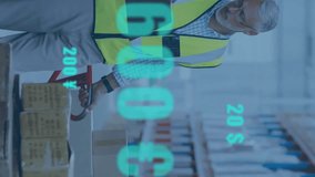 Animation of digital data processing over caucasian man working in warehouse. Global shipping, connections, computing and data processing concept digitally generated video. - Powered by Shutterstock - Get 15% off with code: PIKWIZARD15