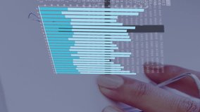 Animation of financial data processing over caucasian businesswoman writing. Global finance, business, connections, computing and data processing concept digitally generated video. - Powered by Shutterstock - Get 15% off with code: PIKWIZARD15