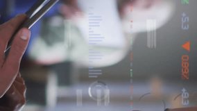 Animation of financial data processing over diverse colleagues discussing work in office. Global business, finances, computing and digital interface concept digitally generated video. - Powered by Shutterstock - Get 15% off with code: PIKWIZARD15