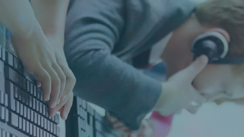 Animation of network of icons overc caucasian children with phone headsets. Global education, business, connections, computing and data processing concept digitally generated video. - Powered by Shutterstock - Get 15% off with code: PIKWIZARD15