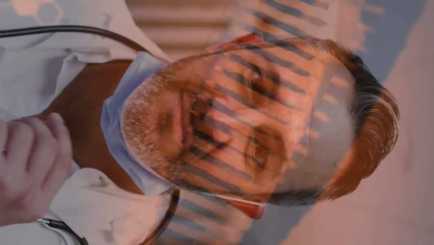 Animation of data processing and dna strands over caucasian male surgeon with face mask. Technology, medicine and digital interface concept digitally generated video. - Powered by Shutterstock - Get 15% off with code: PIKWIZARD15