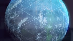 Digital network and data processing animation over rotating Earth and geometric shapes. Technology, global, communication, internet, futuristic, virtual - Powered by Shutterstock - Get 15% off with code: PIKWIZARD15
