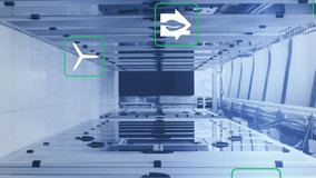 Animation of multiple icons, computer language over corridor of data server room. Digital composite, coding, hazardous, recycle, programming language, data center, networking, technology concept. - Powered by Shutterstock - Get 15% off with code: PIKWIZARD15