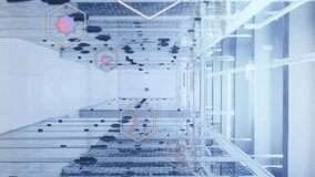 Animation of multiple icons and lens flares over binary codes on data server racks. Digital composite, multiple exposure, recycles, hazardous, computer language, data center and technology concept. - Powered by Shutterstock - Get 15% off with code: PIKWIZARD15