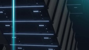 Animation of blue scanner beams and interfaces processing data over banks of computer servers. Connection, data, processing, digital interface and communication, digitally generated video. - Powered by Shutterstock - Get 15% off with code: PIKWIZARD15