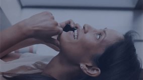 Smiling woman on phone with sound wave animation over city view. Technology, communication, urban, digital, connectivity, conversation - Powered by Shutterstock - Get 15% off with code: PIKWIZARD15