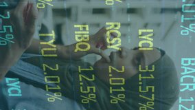 Woman applying lipstick over stock market data animation in urban setting. Business, finance, cosmetics, digital, city, lifestyle - Powered by Shutterstock - Get 15% off with code: PIKWIZARD15