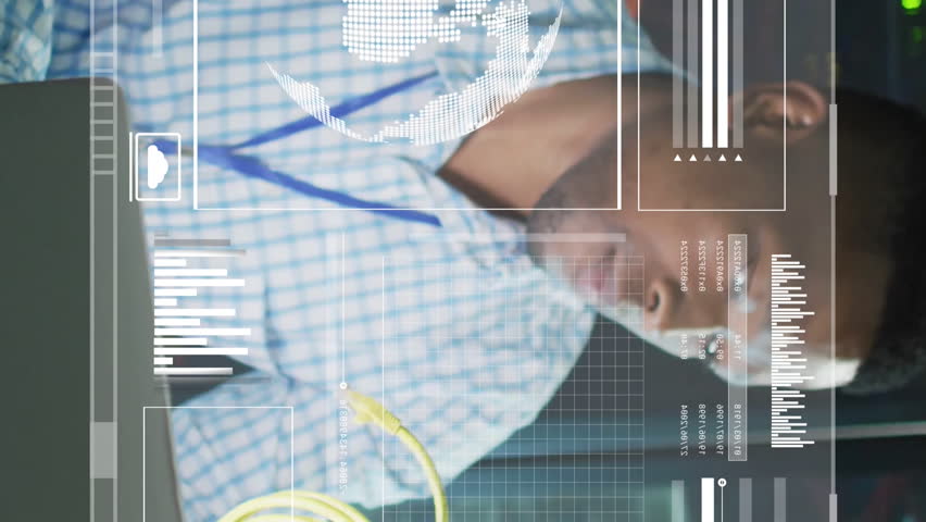 Animation of financial data processing over african american businessman using laptop in server room. Global business, communication and digital interface concept digitally generated video. - Powered by Shutterstock - Get 15% off with code: PIKWIZARD15
