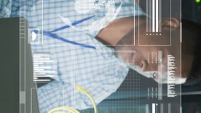 Animation of financial data processing over african american businessman using laptop in server room. Global business, communication and digital interface concept digitally generated video. - Powered by Shutterstock - Get 15% off with code: PIKWIZARD15