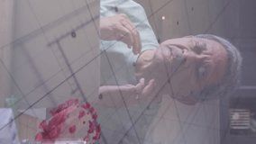 Animation of financial data and virus cells over sad senior man sitting at home. global covid 19 pandemic, senior lifestyle and loneliness concept digitally generated video. - Powered by Shutterstock - Get 15% off with code: PIKWIZARD15