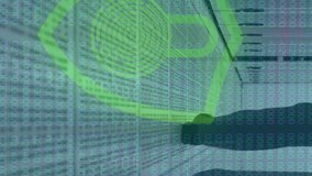 Animation of data processing and padlock icon over caucasian businessman in server room. Global technology, computing and digital interface concept digitally generated video. - Powered by Shutterstock - Get 15% off with code: PIKWIZARD15