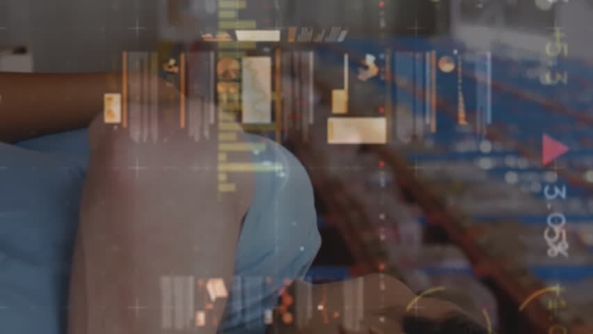 Animation of data processing over diverse male and female volunteers hugging each other at warehouse. Volunteering and donation concept - Powered by Shutterstock - Get 15% off with code: PIKWIZARD15