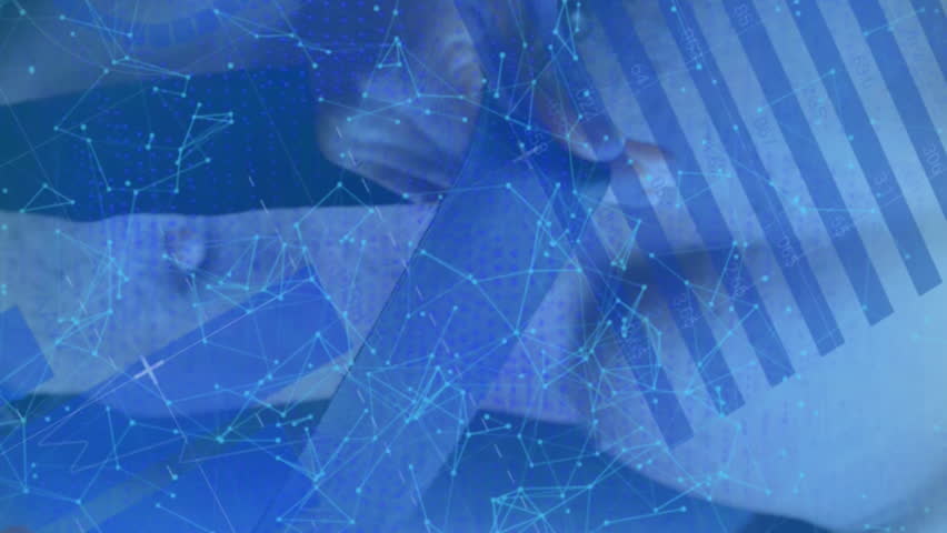 Animation of block chain and digital padlock over man preparing for box training. Sport, finance and business concept digitally generated video