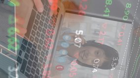 Animation of financial data and caucasian woman having video call on laptop over solar panels. Green energy, eco power, finance and economy concept digitally generated video. - Powered by Shutterstock - Get 15% off with code: PIKWIZARD15