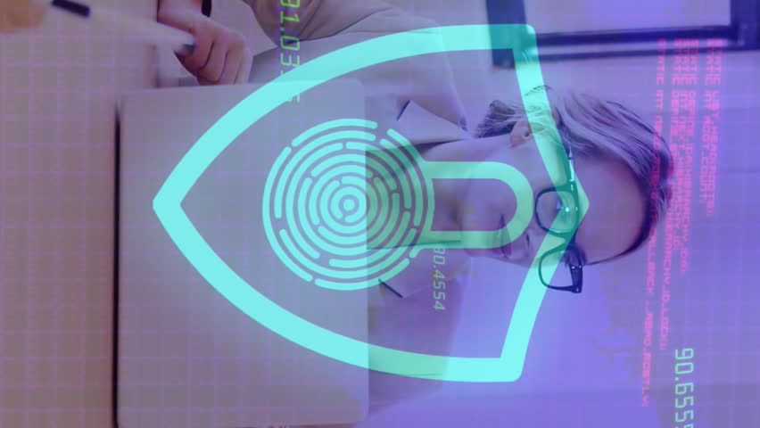 Animation of digital shield with padlock over happy caucasian female and male coworkers. Business, data processing, security, connections and technology concept digitally generated video. - Powered by Shutterstock - Get 15% off with code: PIKWIZARD15