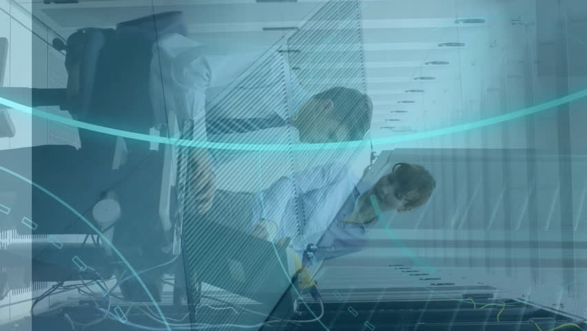 Animation of data processing and 5g over diverse business people in server room. Global technology, computing and digital interface concept digitally generated video. - Powered by Shutterstock - Get 15% off with code: PIKWIZARD15