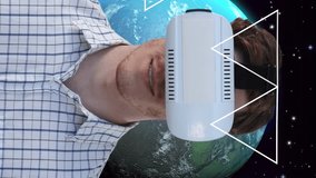 Animation of shapes and moon over caucasian man using vr headset. Global business and digital interface concept digitally generated video. - Powered by Shutterstock - Get 15% off with code: PIKWIZARD15