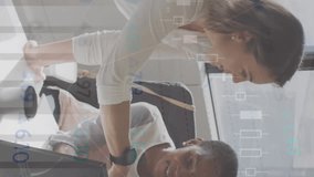 Animation of infographic interface over multiracial coworkers discussing over laptop at office. Digital composite, multiple exposure, database, report, finance, teamwork and technology concept. - Powered by Shutterstock - Get 15% off with code: PIKWIZARD15