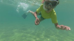Boy snorkeling underwater in shallow, clear sea. Wearing a snorkel mask and swim trunks, he explores the sandy ocean floor, surrounded by bubbles and sunlight patterns - Powered by Shutterstock - Get 15% off with code: PIKWIZARD15