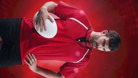 Caucasian male rugby player holding rugby ball standing against round scanner on red background. sports and technology concept - Powered by Shutterstock - Get 15% off with code: PIKWIZARD15